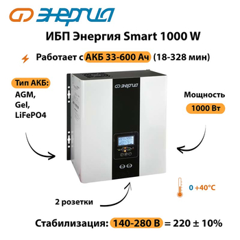 ИБП Энергия Smart 1000W - ИБП и АКБ - Энергия ИБП Smart - . Магазин оборудования для автономного и резервного электропитания Ekosolar.ru в Туапсе